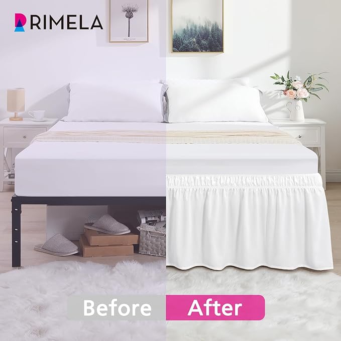 RIMELA Bed Skirt King Size Moon White 15 Inch Drop, Wrap Around Elastic Bedskirt, Dust Ruffle for Adjustable Bed Base Soft Durable Fabric Machine Washable Easy to Install Bed Skirts