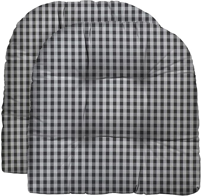 RSH DECOR: Tufted U-Shape Wicker Seat Cushions Set of 2 | 19” x 19” | All-Weather Spun Fabric | Water-Resistant | Outdoor Chair Cushions for Patio Furniture | Dawson Pewter Black Plaid