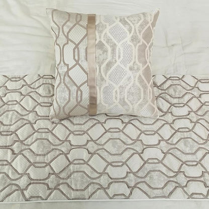 The HomeCentric King/Queen/Twin Ivory & Silver Decorative Twin 53"x18" Bed Runner with Pillow Cover, Lattice & Quilted Bed Scarf on Jacquard Silk Fabric - Ivory Delicacy