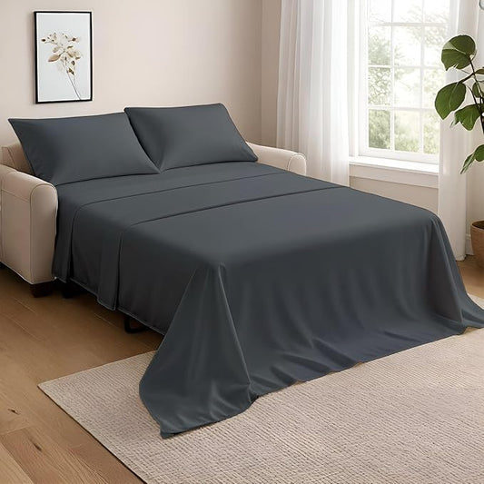 NON Sticky cotton Full Size Sleeper Sofa Sheets, 4 Piece Egyptian Cotton Bed Sheet Set for Sofa Bed, 8" Deep Pocket for Pull Out Couch Mattress, 54" x 75", Dark Grey Solid, Soft & Breathable