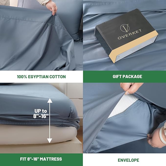 Egyptian Cotton Sheets Full Size 4PCS 1000 Thread Count Sateen Weave Soft Breathable 16-Inch Deep Pocket （Full,Dusty Blue）