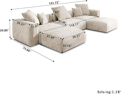 JACH 141" Oversized Modular Sectional Sofa, Deep 3-Seats Sectional Couch with Chaise Ottomans, Huge Plus Convertible Soft Sofas, Corduroy Minimalist Couches for Living Room, Apartment, Beige
