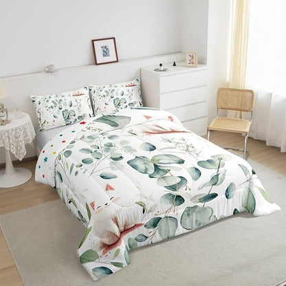 Erosebridal Kawaii Cat Queen Size Comforter Set for Boys Girls Cartoon Animal Bedding Set, Eucalyptus Leaves Down Comforter Pet Kitten Bed Set, Tropical Botanical Plants Quilted Duvet