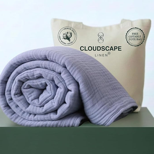 Cloud Scape Linen 4 Layer Oversized Muslin Blanket King Size - 100% Cotton, Lightweight & Breathable All Season Blanket for Bed, fits California King, 92x108, Lavender Blue