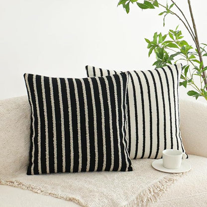 Jonhier White Striped Boho Throw Pillow Cover, Modern Boucle Textured Square Pillowcase for Sofa Couch Bed, Neutral Farmhouse Accent Decorative Cushion Cover for Living Room Bedroom, 20 x 20 inch