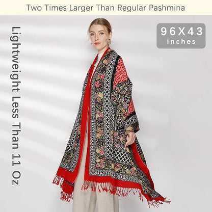 DANA XU 100% Merino Wool Pashmina Shawl for Women 96"x43", Oversized Cashmere Wrap with Tassels, Floral Travel Blanket Cape