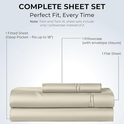 100% Natural Cotton Bed Sheets | 500 TC Single-Ply Sateen Weave Twin Sheets Set | Breathable & Hypoallergenic Solid 3-Piece Bedding with Deep Pocket Fitted, Flat, Pillowcase | Cream Beige