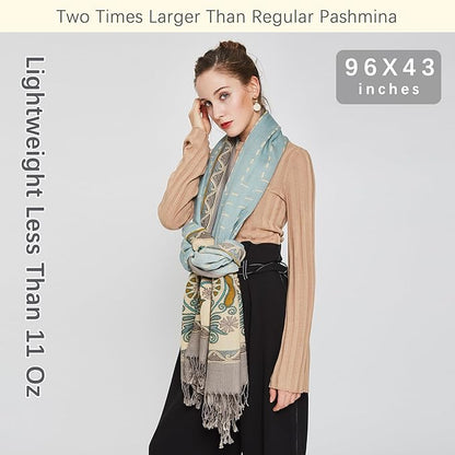 DANA XU 100% Merino Wool Pashmina Shawl for Women 96"x43", Oversized Cashmere Wrap with Tassels, Floral Travel Blanket Cape