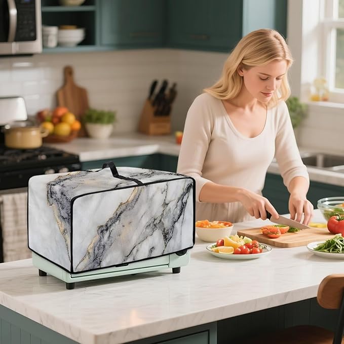 White Marble Texture Print Microwave Oven Dust Cover Sturdy Polyester-Linen Fabric Dust Cover for Microwave Oven Waterproof Universal Kitchen Appliance Protector, S