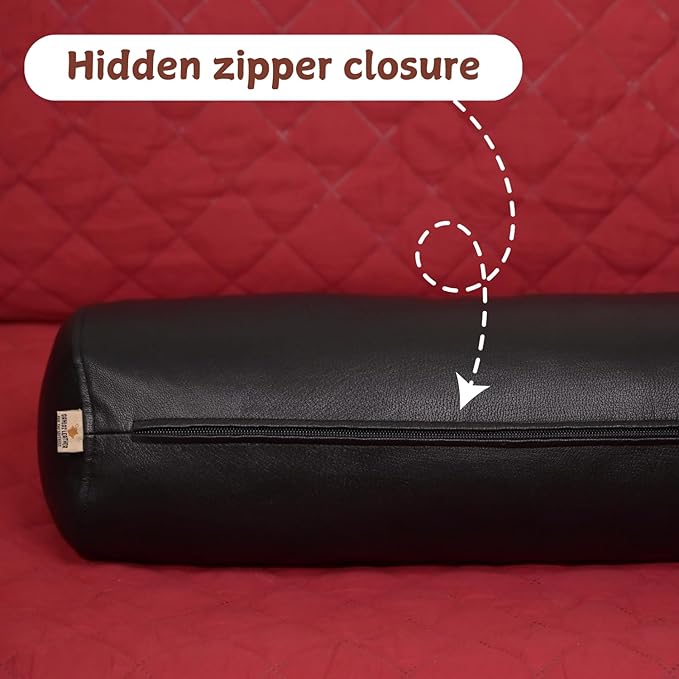 Neck Roll Pillow Cushion Cover, 18x5 Inch Full Moon Round Bolster Pillow Case, Cylinder Soft Lambskin Leather Pillowcase for Head, Spine & Neck Support During Sleep - Black Pack of 2