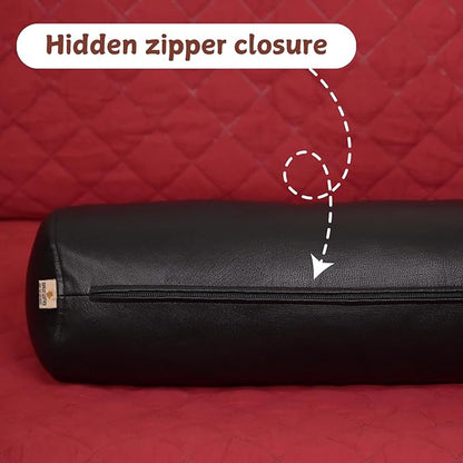 Neck Roll Pillow Cushion Cover, 14x6 Inch Full Moon Round Bolster Pillow Case, Cylinder Soft Lambskin Leather Pillowcase for Head, Spine & Neck Support During Sleep - Black Pack of 1