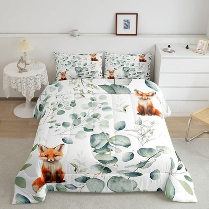Erosebridal Girls Cartoon Animal Twin Comforter Set for Kids Toddler Kawaii Fox Bedding Set Twin, Woodland Wildlife Bedding Comforter Sets Jungle Wild Fox Duvet Set, Green Eucalyptus Quilted Comforter
