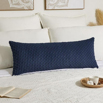 Kevin Textile 14x36 Inch Long Lumbar 1 Pack Boho Decorative Throw Pillow Cover Soft Striped Corduroy Rectangle Cushion Case Farmhouse Solid Color Accent for Living Room Couch Sofa Bed, Navy Blue