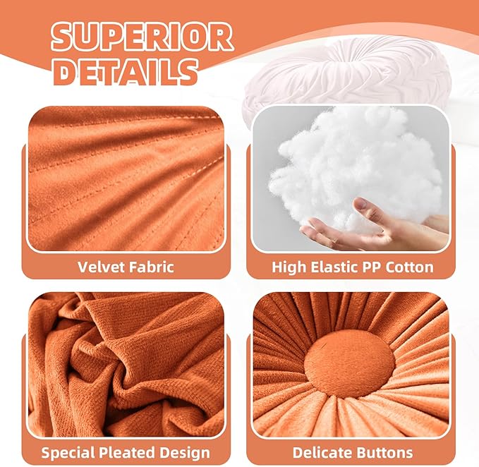 2 Pcs Round Throw Pillows Pleated Velvet Pumpkin Round Pillows Floor Cushion for Living Room Couch Chair Bed Sofa 15.7"x15.7"/13.8" x 13.8" (Blue)