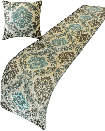 The HomeCentric King/Queen/Twin Blue Decorative King 90"x18" Bed Runner Without Pillow Cover, Damask Bed Scarf on Jacquard Fabric - Royal Elegance