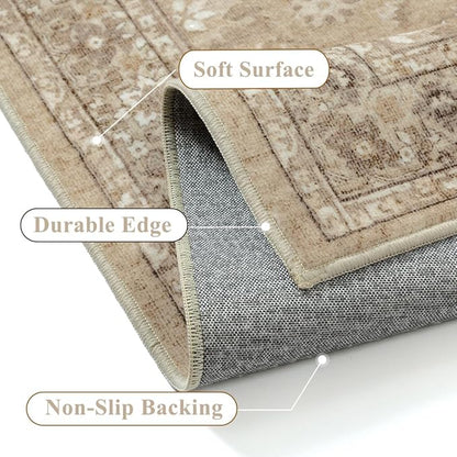 6x9 Brown Area Rug Non Slip Vintage Living Room Distressed Machine Washable Carpet Retro Indoor Bedroom Traditional Floral Accent Throw Rug for Office Kitchen Dorm Dining Room