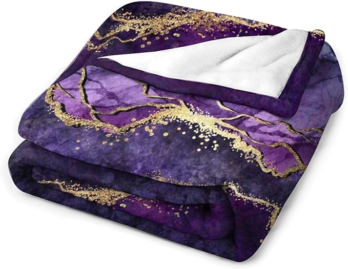 Modern Marble Blanket, Abstract Luxury Baroque Art Golden Purple Stone Veins Pattern Soft Warm Cozy Plush Flannel Covers for Livingroom Bedroom Couch Chair Camping Travel Home Decor Tapestry 60x80in