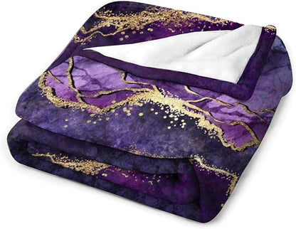 Modern Marble Blanket, Abstract Luxury Baroque Art Golden Purple Stone Veins Pattern Soft Warm Cozy Plush Flannel Covers for Livingroom Bedroom Couch Chair Camping Travel Home Decor Tapestry 60x80in
