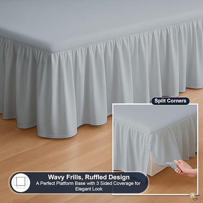 Cottington Lane Ruffled Bed Skirt Queen Size With Split Corner, Brushed Microfiber Hotel Quality Silver Grey Dust Ruffle, 18 Inch Drop Gathered Bedskirt, Soft and Stylish, Shrinkage and Fade Resistant