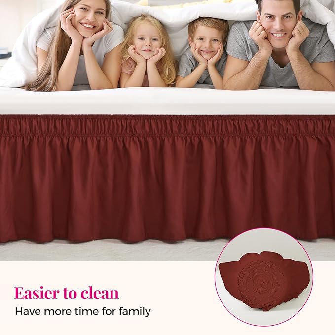 RIMELA Wine Red Bed Skirt King Size 15 Inch Drop, Elastic Bed Skirting for Bed Base and Frame, Bedding Dust Ruffle, Lightweight Wrap Around Adjustable Bedskirt, Cal King, Christmas Bedroom Decor