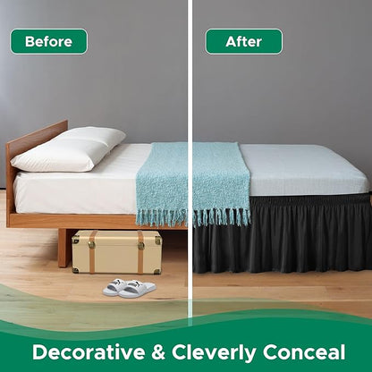 Biscaynebay Wrap Around Bed Skirts for Queen Size Beds 21" Drop, Black Adjustable Elastic Dust Ruffles Easy Fit Wrinkle Resistant Silky Luxurious Fabric Machine Washable