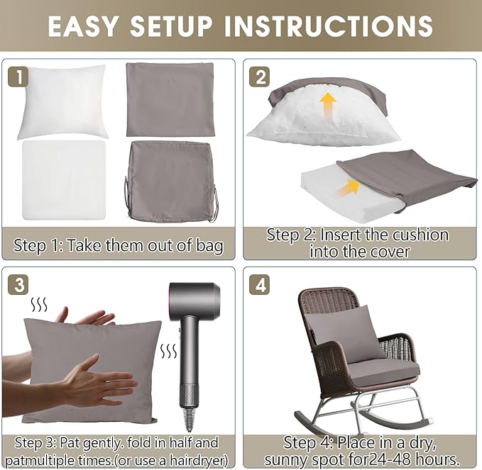 Outdoor Seat Cushion Set 24 x 24 In, Water-Resistant & Fade-Resistan, Patio Furniture Cushions with Removable Cover Deep Seat & Back Cushion with Handle and Adjustable Straps for Chair Sofa,4PC