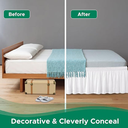 Biscaynebay Wrap Around Bed Skirts for King & Cal King Beds Extra Long Drop of 25", White Adjustable Elastic Dust Ruffles Easy Fit Wrinkle Resistant Silky Luxurious Fabric Machine Washable