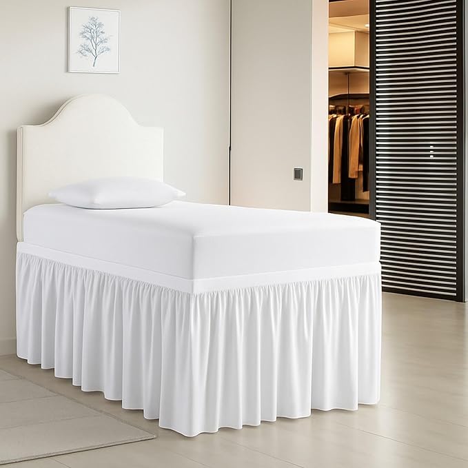 Cottington Lane Extra Long Ruffled College Dorm Bed Skirt 46 Inch Drop, Premium Hotel Collection Brushed Mircofiber Twin XL Dust Ruffle Raised Dorm Room Essentials and Decor, White Solid