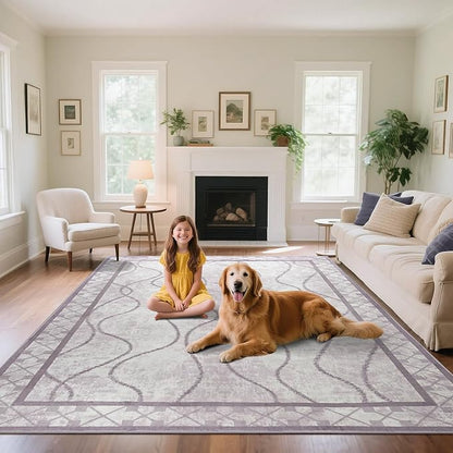 Area Rugs 6x9 Washable Rug, Non-Slip Rugs for Living Room, Low Pile Bordered Rugs Alfombras, Large Print Rubber Backing Indoor Carpet for Home Decor Bedroom Nursery Dining Room, Purple