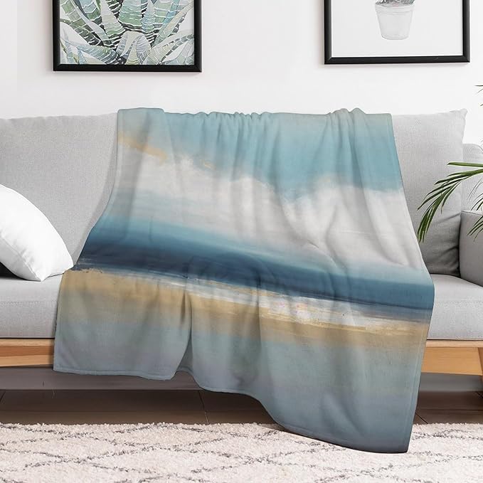 Fashion Gradient Blanket, Modern Art Abstract Blue Sea View Painting Strokes Pattern Soft Warm Cozy Plush Flannel Covers for Livingroom Bedroom Couch Chair Camping Travel Home Decor Tapestry 50x60in