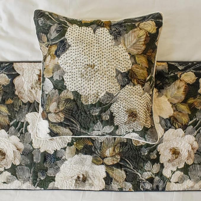 The HomeCentric King/Queen/Twin Gray & Brown Designer Twin 53"x18" Bed Runner with Pillow Cover, Rose, Floral & Bead Embroidery Bed Scarf on Cotton Fabric - Rada