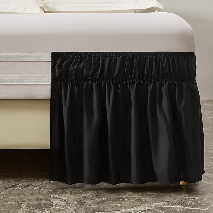 MEILA Wrap Around Bed Skirt Three Fabric Sides Elastic Dust Ruffled 14 Inch Tailored Drop,Easy to Install Fade Resistant-Black, Queen/King