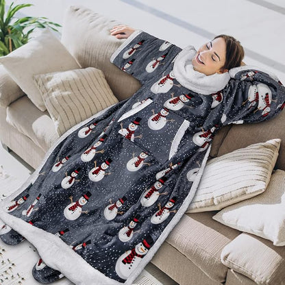 PAVILIA Sherpa Blanket with Sleeves, Foot Pocket for Women Men Adults, Thick Wearable Blanket Throw Wrap, Fleece Warm Snuggle Blanket Robe, Cozy Gift Ideas Wife Mom, Snowman Gray