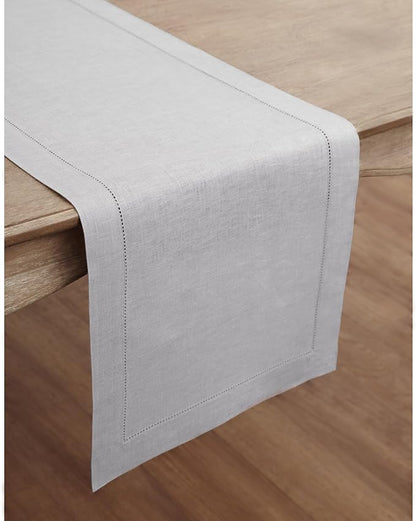 Solino Home Linen Soft Grey Table Runner 60 Inches - Classic Hemstitch, 100% Pure Linen Coffee Table Runner 14 x 60 Inch Ideal for Dresser Tables - Christmas, New Year