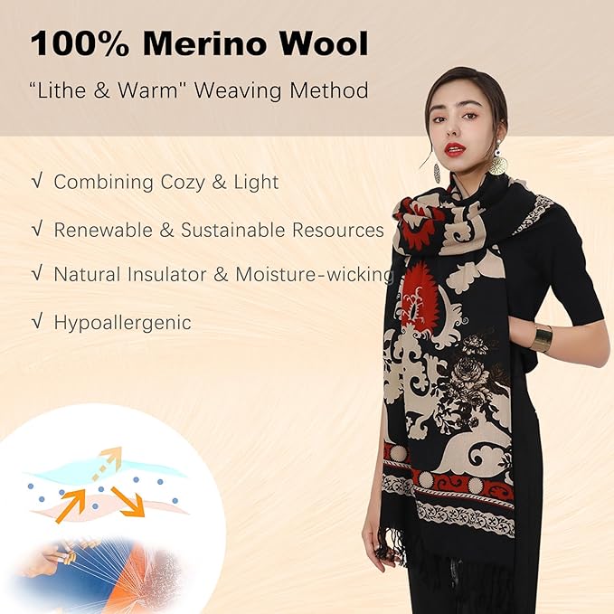 DANA XU 100% Merino Wool Pashmina Shawl for Women 96"x43", Oversized Cashmere Wrap with Tassels, Floral Travel Blanket Cape