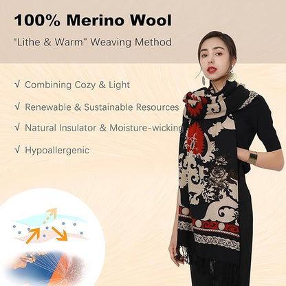 DANA XU 100% Merino Wool Pashmina Shawl for Women 96"x43", Oversized Cashmere Wrap with Tassels, Floral Travel Blanket Cape