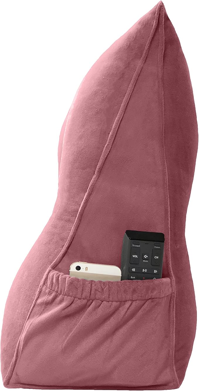 Triangular Reading Bed Rest Pillow Large Bolster Cushion Headboard Backrest Wedge Pillow with Removable Cover and Two Large Side Pockets (Pink, Twin: 39 x 8 x 20 inches)