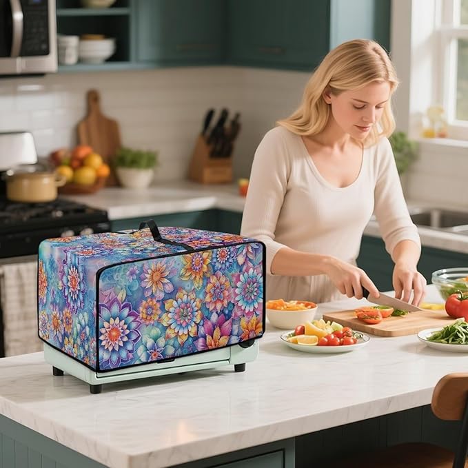 Boho Mandala Floral Print Microwave Oven Dust Cover with Storage Bags Universal Toaster Oven Cover Waterproof Polyester-Linen Fabric Kitchen Appliance Protector, L