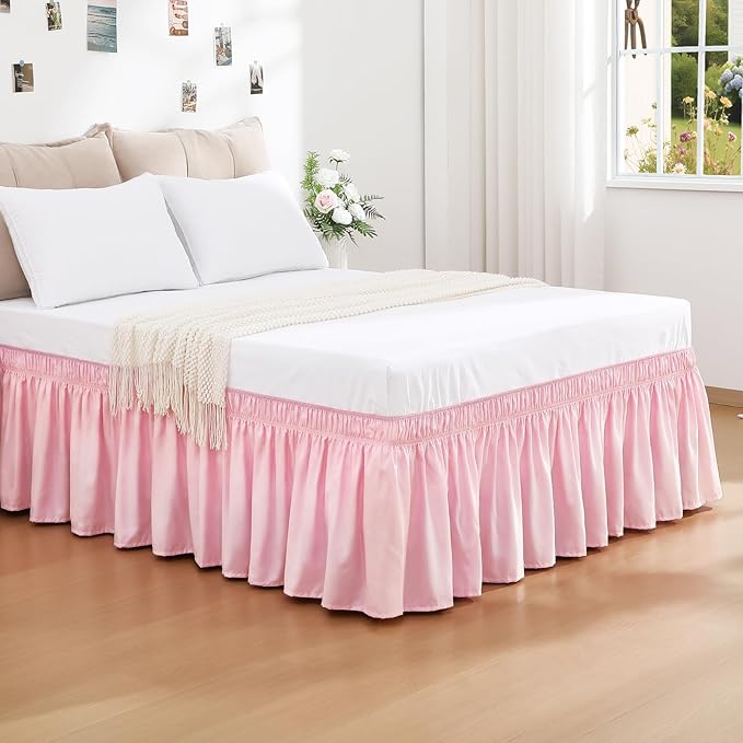 RIMELA Dusty Pink Bed Skirt King Size 15 Inch Drop, Wrap Around Elastic Bedskirt, Dust Ruffle for Adjustable Bed Base Machine Washable Easy to Install Bed Skirts