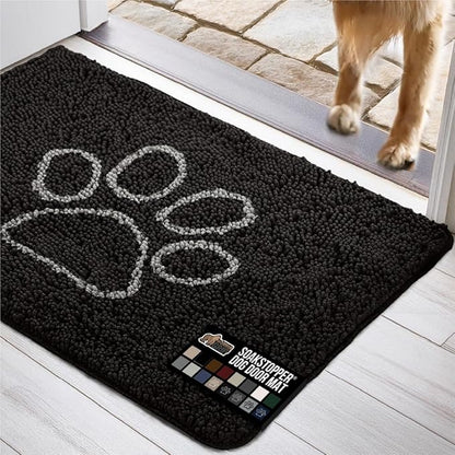 GORILLA GRIP SOAKSTOPPER Dog Door Mat, 30x20 Machine Washable Rug Absorbent Doormat Captures Moisture Mud Dirt, Quick Dry Soft Chenille Entryway Rugs Indoor Entrance Mats for Dog Paws, Black White