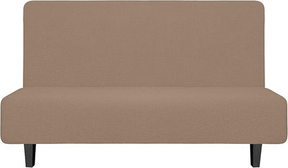 Easy-Going Stretch Futon Slipcover Armless Futon Bed Cover Furniture Protector Without Armrests with Elastic Bottom for Kids, Soft Jacquard Fabric Small Checks (Medium, Camel)