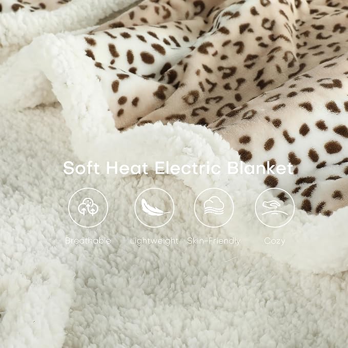 Electric Heated Blanket 72"x84" Full Size Microplush & Sherpa Fabric Heated Blanket, Fast Heating, 4 Heat Settings & 10 Hours Auto Off, Machine Washable - Beige Leopard Print
