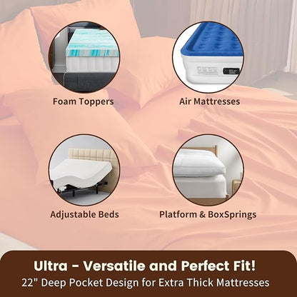 100% Linen Sheet Set Cal King Size Extra Deep Pocket Fits 18-24 Inch Mattress, Breathable & Soft, Smooth 4-Piece Set for Thick Mattresses Hotel Luxury Bedding（Cal King, Orange）