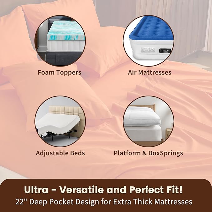 100% Linen Sheet Set Queen Size Extra Deep Pocket Fits 18-24 Inch Mattress, Breathable & Soft, Smooth 4-Piece Set for Thick Mattresses Hotel Luxury Bedding（Queen, Orange）