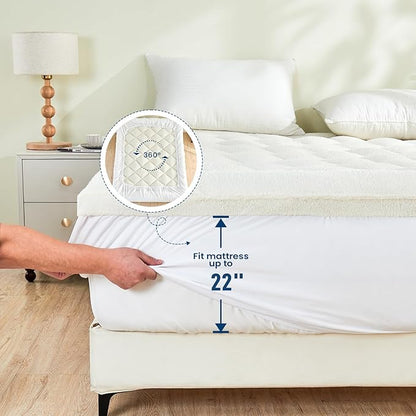 Mattress Topper Queen for Back Pain Thick Mattress Pad Cover Protector Sherpa Plush Pillow Top Down Alternative Fill Mattress Cover with 8-22 Inch Deep Pocket