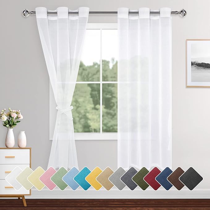 XWZO White Sheer Curtains 63 Inch Length 2 Panels for Bedroom, Light Filtering Semi Transparent Voile Grommet Small Window Curtains with Tiebacks for Living Room, 46 x 63 Inches Length