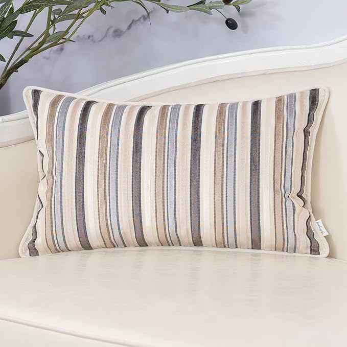 Yangest Beige Striped Throw Pillow Cover Multicolor Velvet Cushion Cover Zippered Rectangular Pillowcase for Sofa Couch Bedroom Living Room Home Decoration, 12x20 Inch