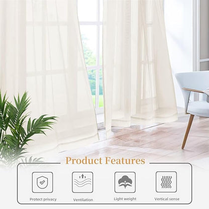 Sheer Curtains 72 Inches Long 2 Panels, Rod Pocket Short Curtain for Kitchen, Bedroom, Cafe Window(Ivory 38" W x 72" L)
