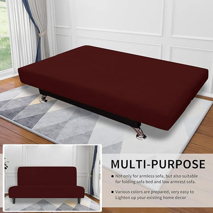 Easy-Going Stretch Futon Slipcover Armless Sofa Cover Furniture Protector Without Armrests Slipcover Soft with Elastic Bottom for Kids, Spandex Jacquard Fabric Small Checks(futon,Wine)