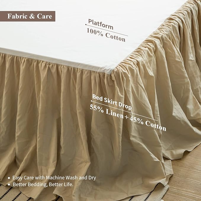 BISELINA French Linen Bed Skirt with Pleated Frills 18-Inch Tailored Drop Natural Flax Cotton Blend Dust Ruffle Soft Cozy Farmhouse Bedding (18" King, Ruffle Linen)
